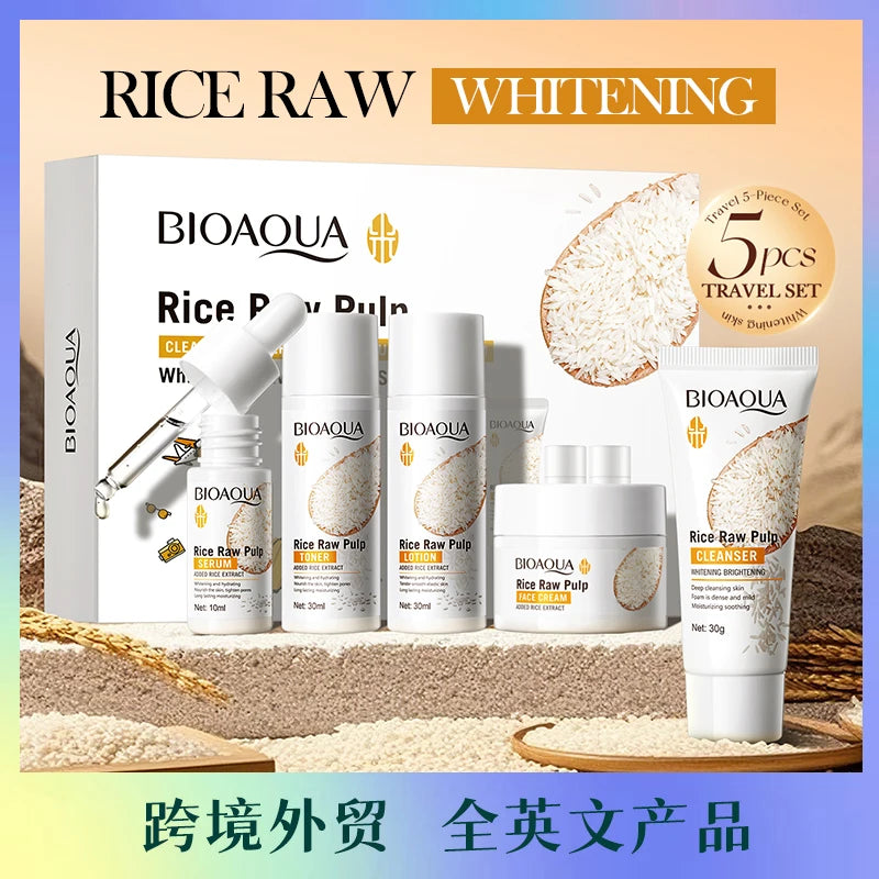 Rice Puree Skin Care Set Whitening Brighten Hydrating Moisturize Soothing facial cleanser+toner+essence+lotion+cream skincare
